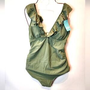 New Olive Sage Green Ruffle One Piece Swimsuit Deep V Bathing‎ Suit Size M